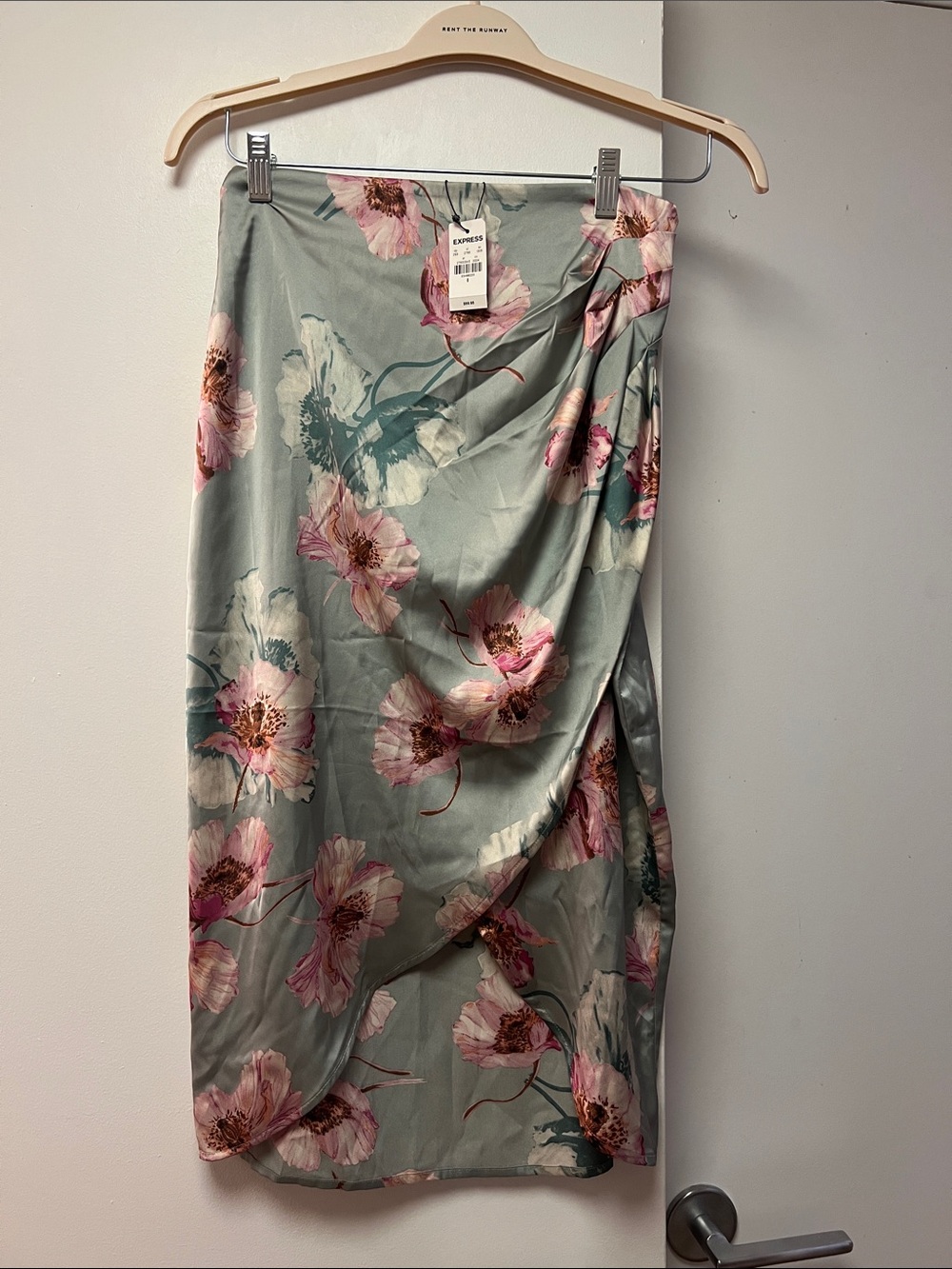 Express Floral Satin Midi Skirt - Pink & Sage